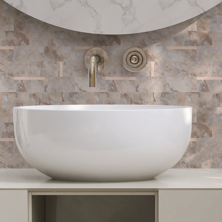 12" X 12" Ecru Stone Mixed Metal Peel and Stick Subway Tile Backsplash