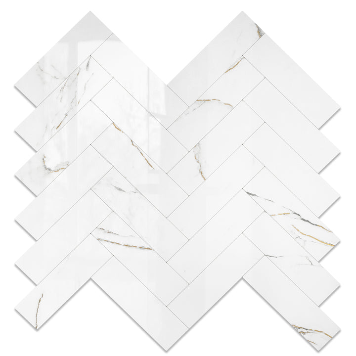 11.18" X 10" Glossy Marble Gold Herringbone Tile Peel and Stick Backsplash