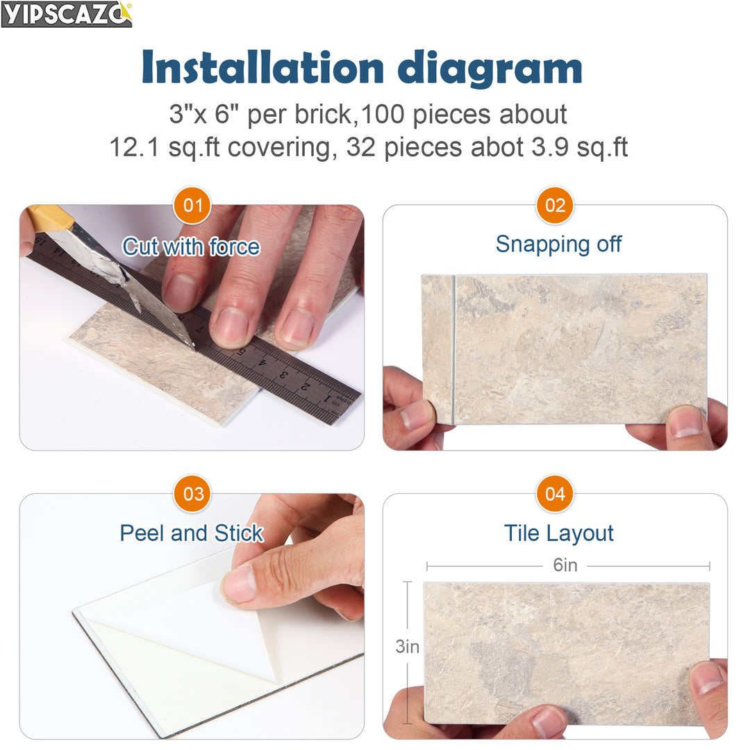 3" x 6" Beige Stone Texture  Peel and Stick Backsplash  Brick Subway Tile