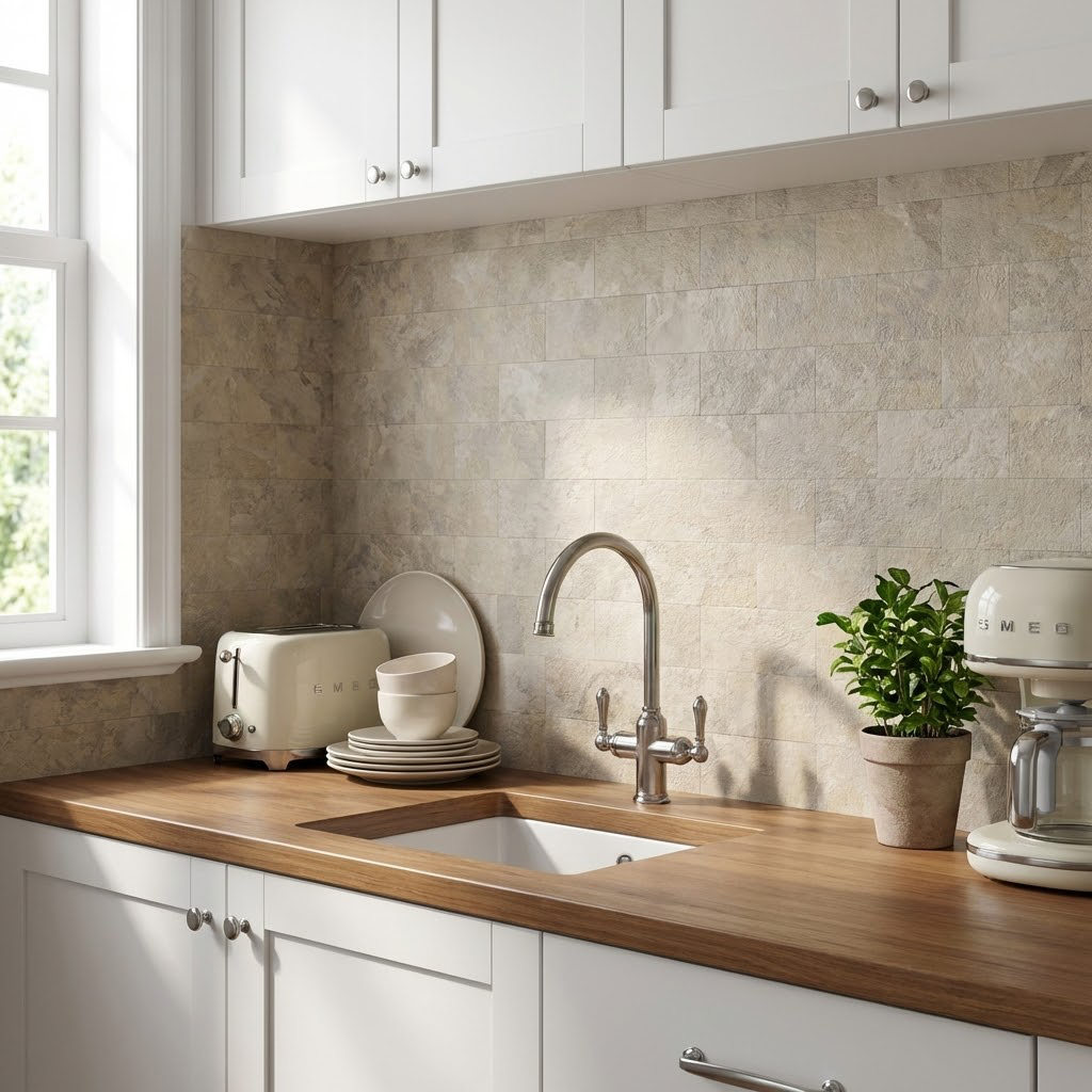 11.8" X 11.8" Beige Stone Rock Peel and Stick Subway Backsplash Tile