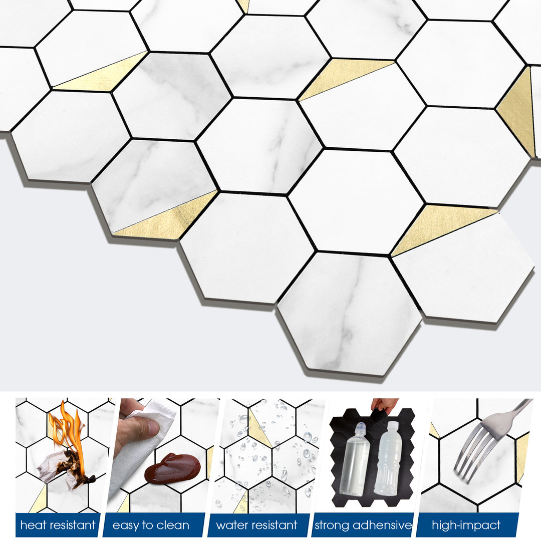 11.8" x 10.83" Hexagon Peel and Stick Backsplash Tile Fishbelly White Metal Gold