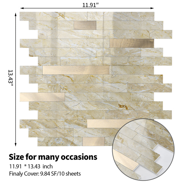 12" X 12" Polished Beige Peel and Stick Backsplash Linear Blend Tile