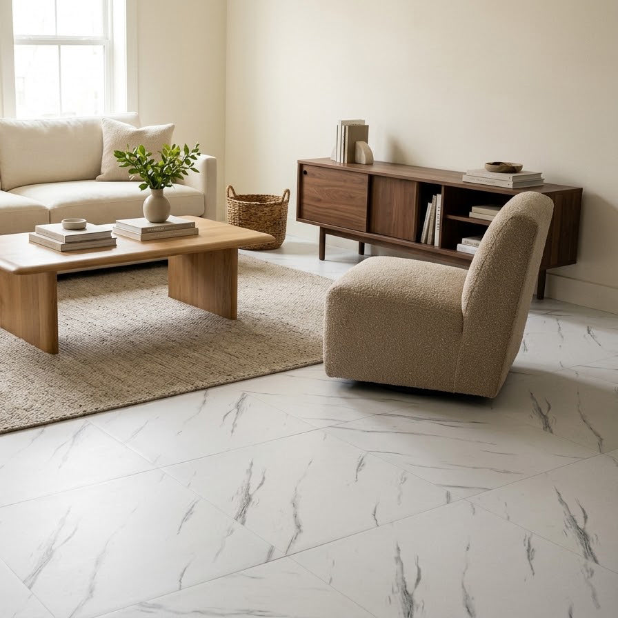 23.62" X 23.62" Peel and Stick Floor Tile, White Marble Waterproof Vinyl Floor Tiles