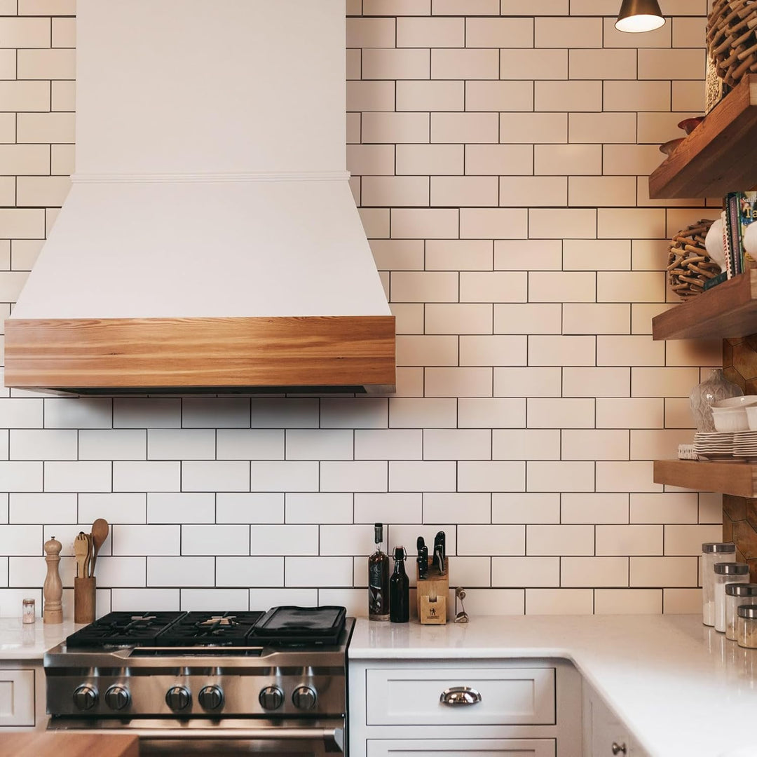 painted subway peel and stick tiles in Bright White with Black Grout detail image