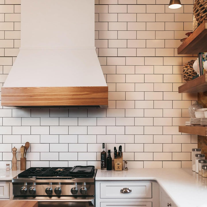painted subway peel and stick tiles in Bright White with Black Grout detail image